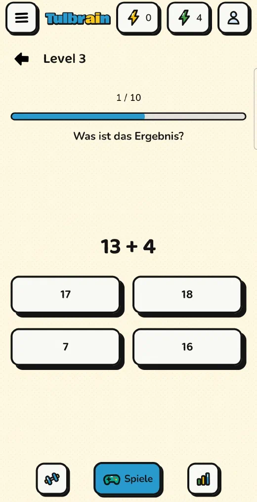 Tulbrain: Schnellrechnen, die Aufgabe 13 + 4 mit vier Antworten zur Auswahl