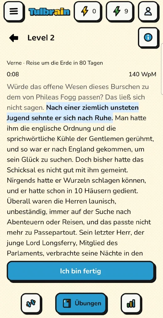 Tulbrain: Ganzer Text, ein Abschnitt aus „Reise um die Erde in 80 Tagen“ mit der Lesehilfe, die den Satz markiert, bei 140 WpM