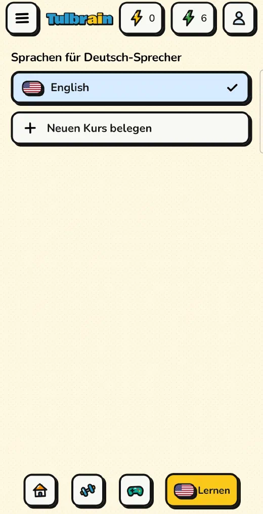 Tulbrain: die Kursliste mit English und der Option, einen neuen Kurs zu belegen