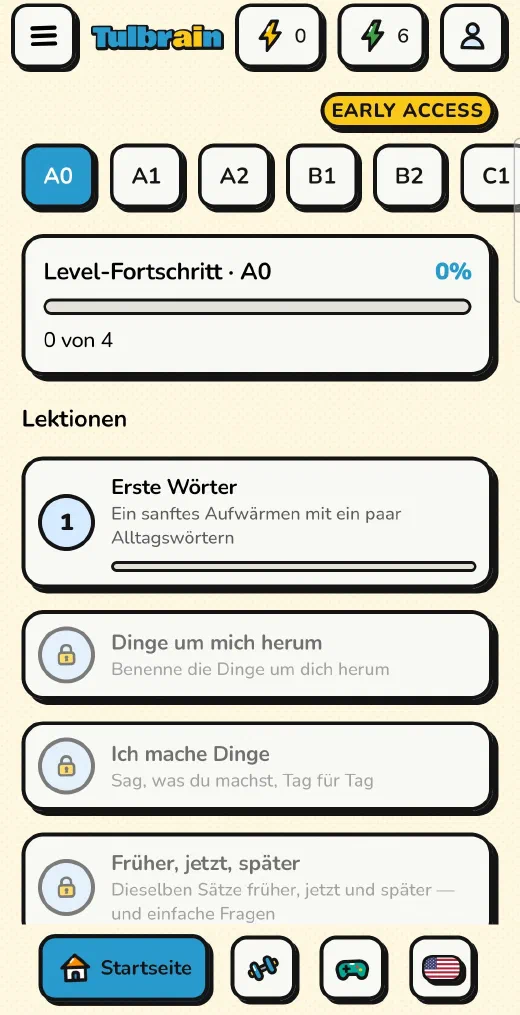 Tulbrain: die Lektionen von Level A0, mit den Reitern A0 bis C1 und dem Level-Fortschritt