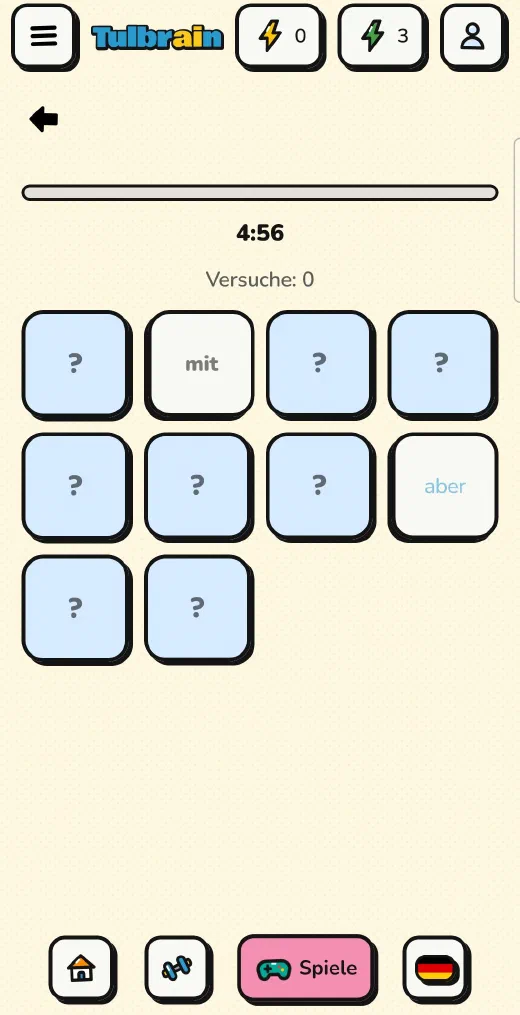 Tulbrain: eine Runde Paare mit zwei aufgedeckten Karten, „mit“ und „aber“, Timer und Versuchen