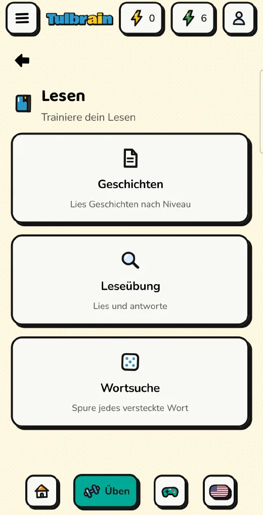 Tulbrain: das Menü Lesen mit Geschichten, Leseübung und Wortsuche