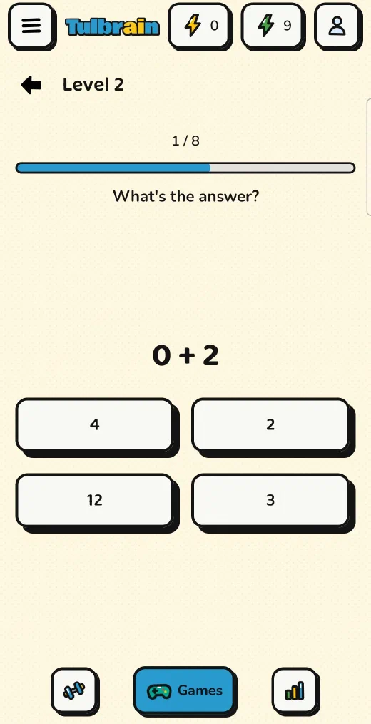 Tulbrain: Quick Math, the sum 0 + 2 with four answers to choose from
