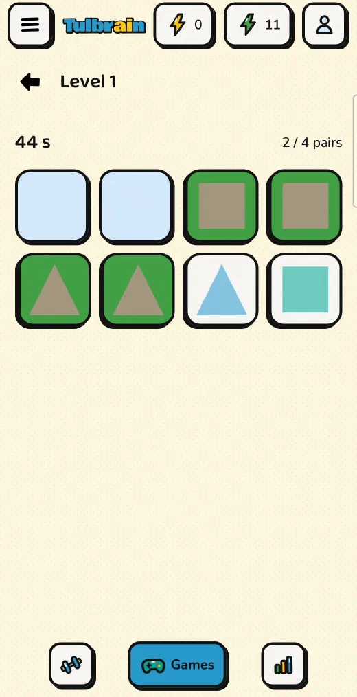Tulbrain: Pairs, two pairs found in green and two cards turned over, with the timer and 2 of 4 pairs