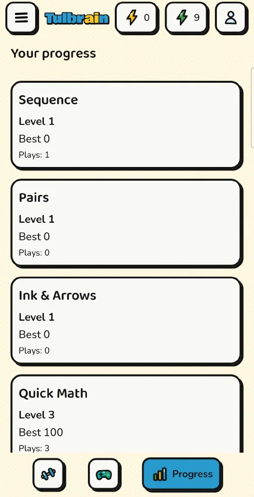 Tulbrain: Your progress in Mind Training: level and best score for each exercise