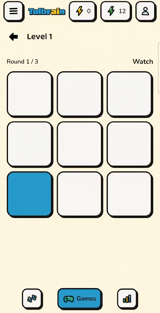 Tulbrain: Sequence, one cell lit in the 3 × 3 grid while it says “Watch”