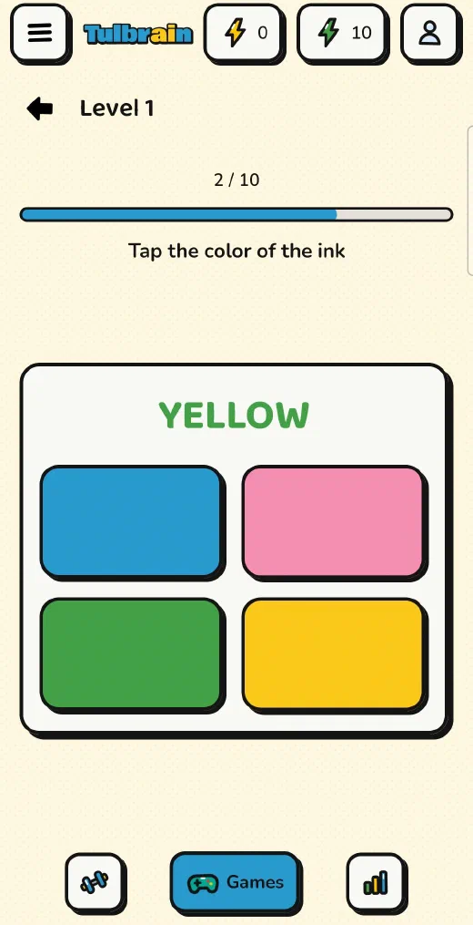 Tulbrain: Ink & Arrows: the word YELLOW written in green and four color buttons
