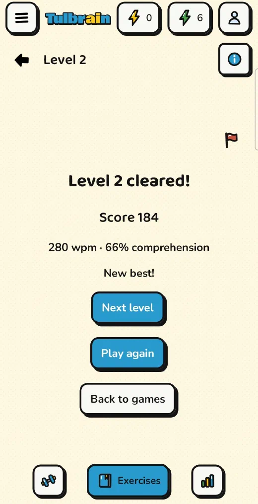 Tulbrain: the Full text result: 280 wpm and 66% comprehension, new best