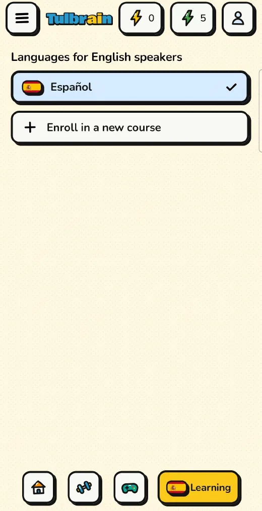 Tulbrain: the course list, with Español and the option to enroll in a new course