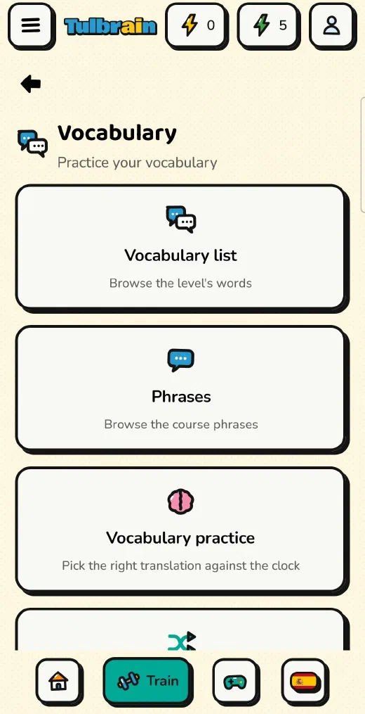Tulbrain: the Vocabulary menu, with the vocabulary list, phrases and vocabulary practice