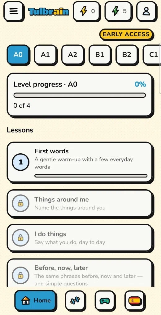 Tulbrain: the level A0 lessons, with tabs from A0 to C1 and the level progress bar