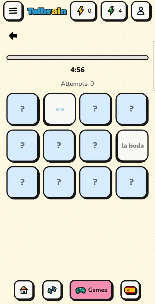 Tulbrain: a Pairs game with two cards turned over, “ate” and “la boda”, the timer and the attempts