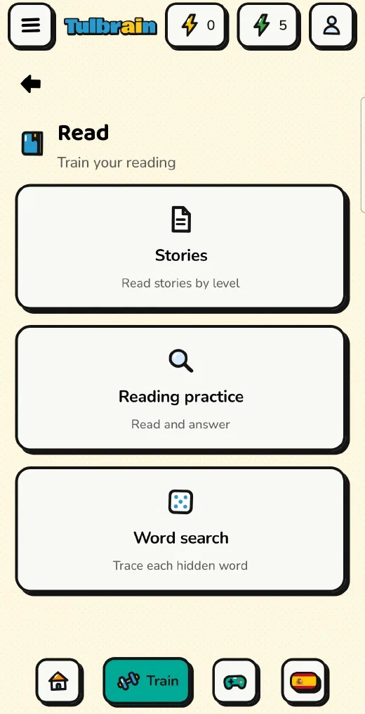Tulbrain: the Read menu, with Stories, Reading practice and Word search