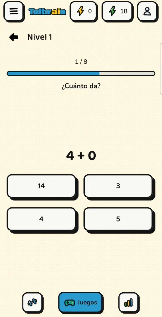 Tulbrain: Cálculo rápido, la cuenta 4 + 0 con cuatro respuestas para elegir