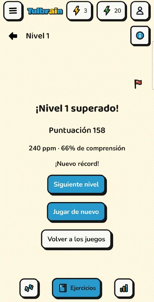 Tulbrain: el resultado de Texto completo: nivel 1 superado, 240 ppm y 66 % de comprensión, nuevo récord
