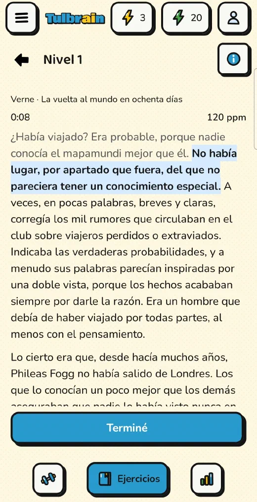 Tulbrain: Texto completo, un pasaje de La vuelta al mundo en ochenta días con la guía marcando la frase y 120 palabras por minuto