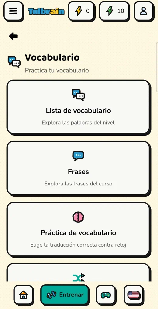 Tulbrain: el menú Vocabulario, con la lista de vocabulario, frases y práctica de vocabulario