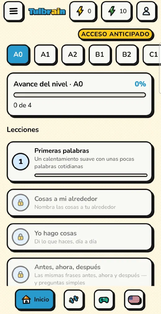 Tulbrain: las lecciones del nivel A0, con las pestañas de A0 a C1 y la barra de avance del nivel