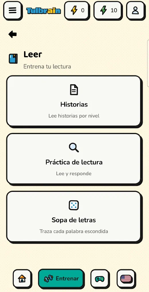 Tulbrain: el menú Leer, con Historias, Práctica de lectura y Sopa de letras