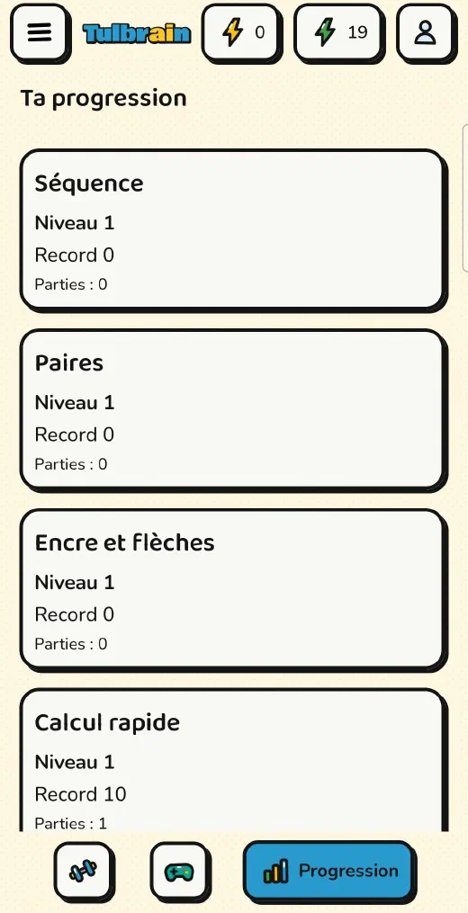 Tulbrain : Ta progression en Mind Training : niveau et record de chaque exercice