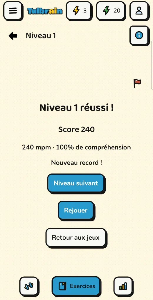 Tulbrain : le résultat de Texte complet : niveau 1 réussi, 240 mpm et 100 % de compréhension, nouveau record