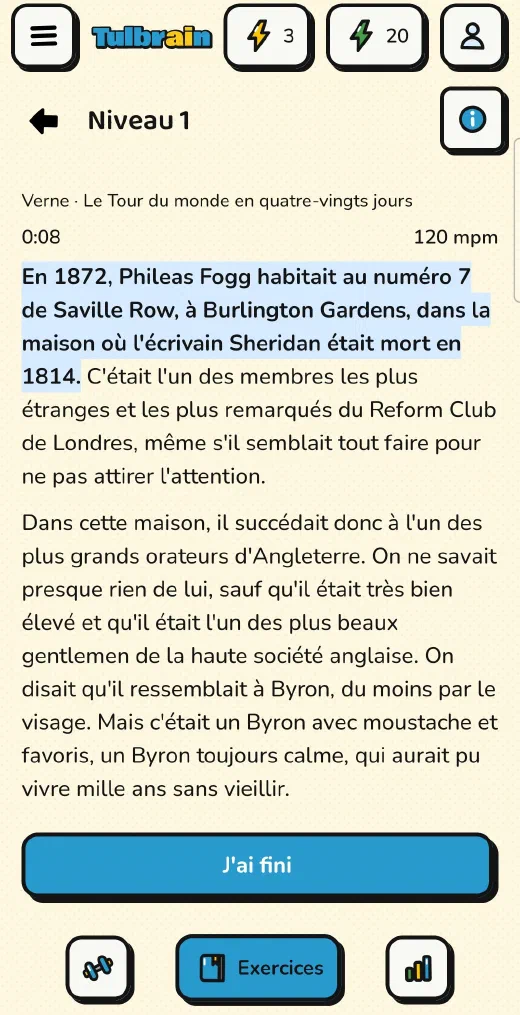 Tulbrain : Texte complet, un passage du Tour du monde en quatre-vingts jours avec le guide qui surligne la phrase, à 120 mpm