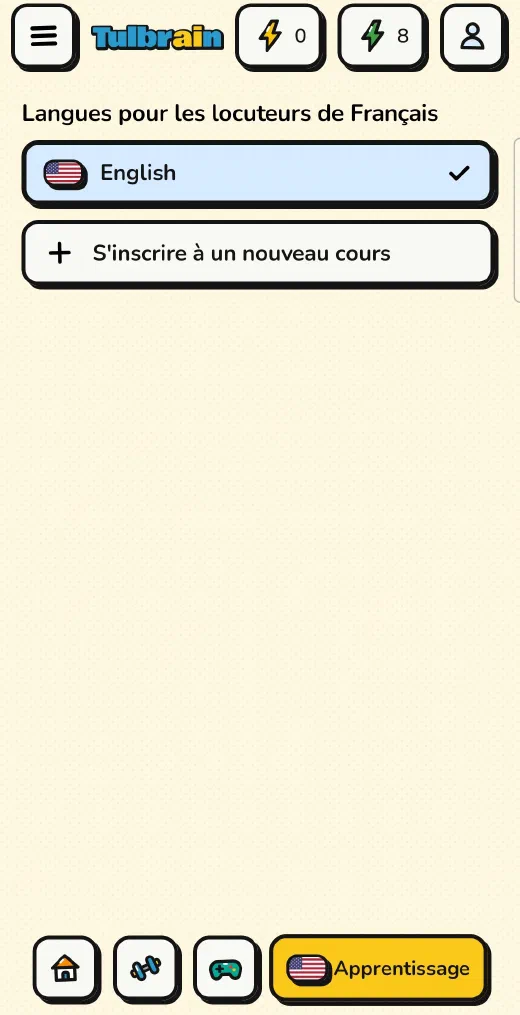 Tulbrain : la liste des cours, avec English et l'option de s'inscrire à un nouveau cours