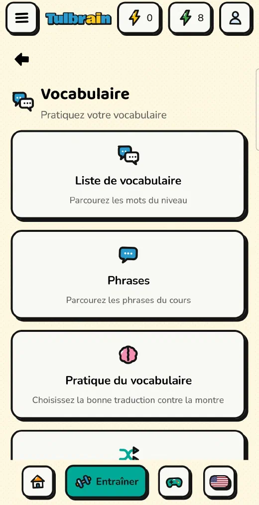 Tulbrain : le menu Vocabulaire, avec la liste de vocabulaire, les phrases et la pratique du vocabulaire