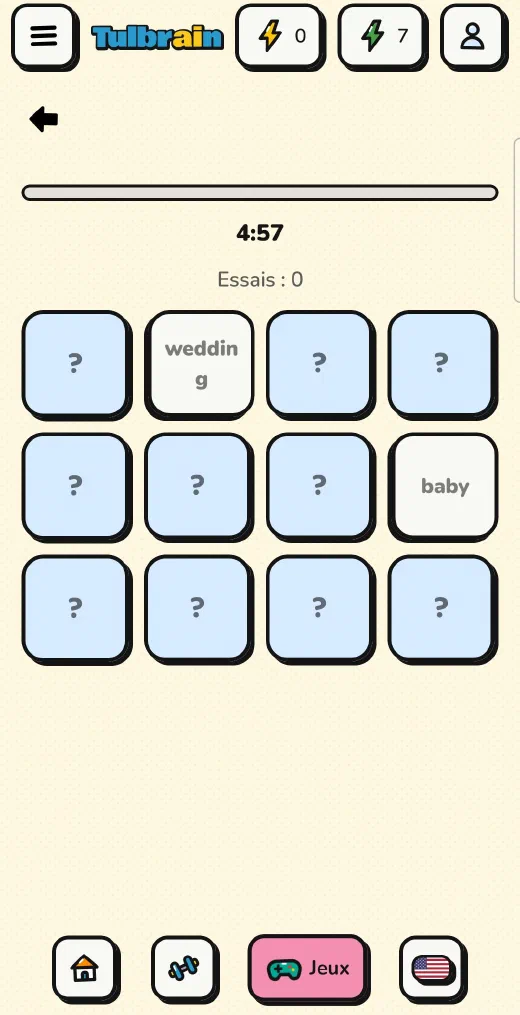 Tulbrain : une partie de Paires avec deux cartes retournées, « wedding » et « baby », le chrono et les essais