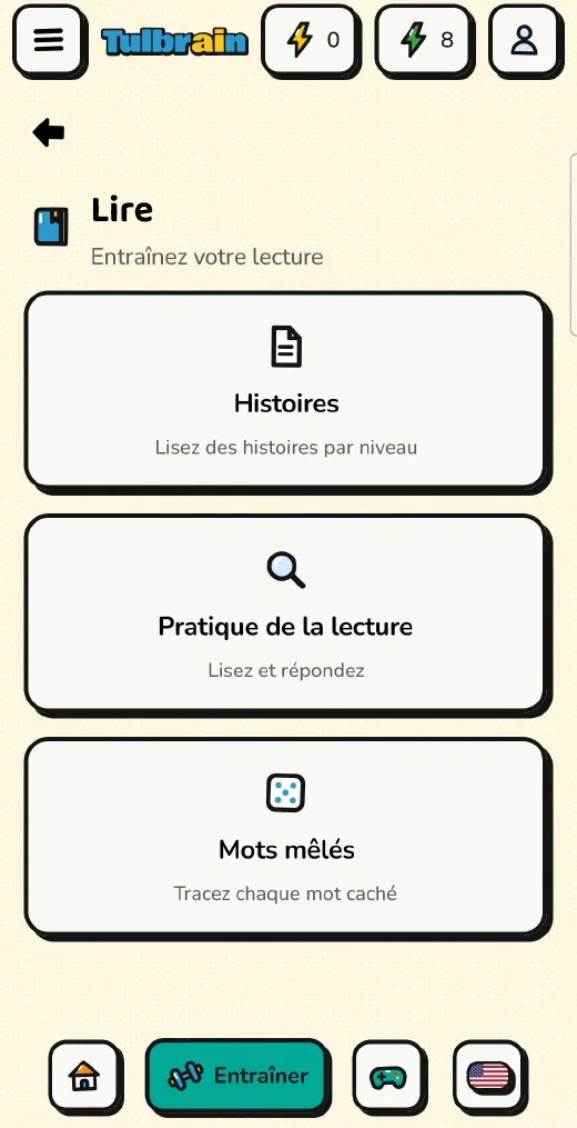 Tulbrain : le menu Lire, avec Histoires, Pratique de la lecture et Mots mêlés