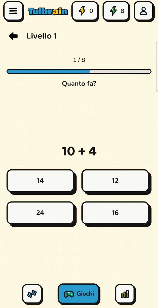 Tulbrain: Calcolo rapido, la somma 10 + 4 con quattro risposte tra cui scegliere
