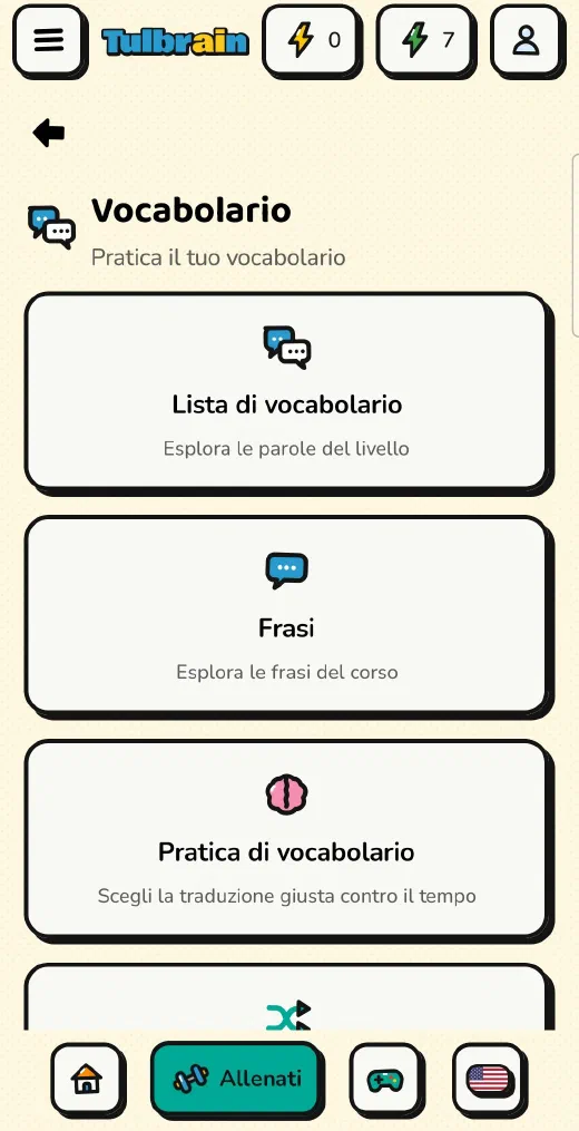 Tulbrain: il menu Vocabolario, con la lista di vocabolario, le frasi e la pratica di vocabolario