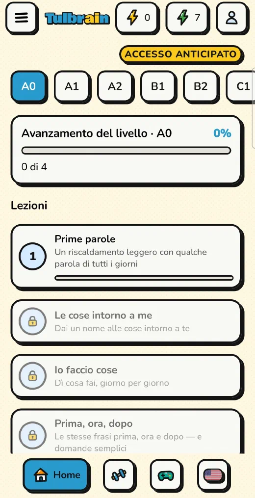 Tulbrain: le lezioni del livello A0, con le schede da A0 a C1 e l'avanzamento del livello