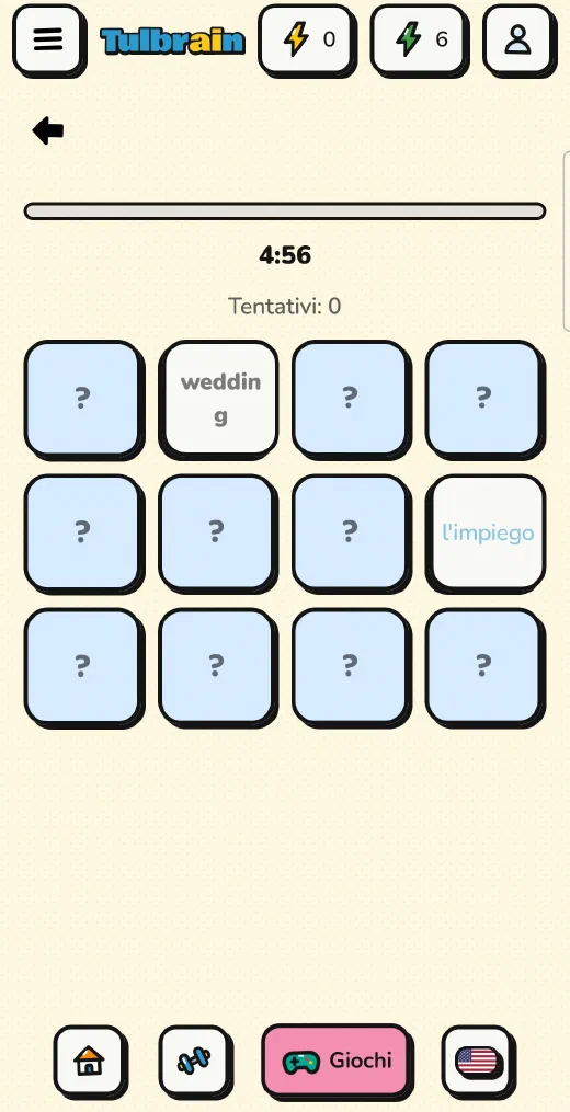 Tulbrain: una partita di Coppie con due carte girate, «wedding» e «l’impiego», il timer e i tentativi