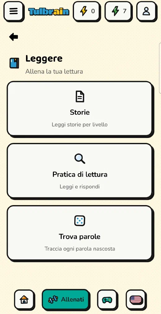 Tulbrain: il menu Leggere, con Storie, Pratica di lettura e Trova parole