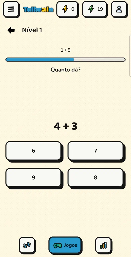 Tulbrain: Cálculo rápido, a conta 4 + 3 com quatro respostas para escolher
