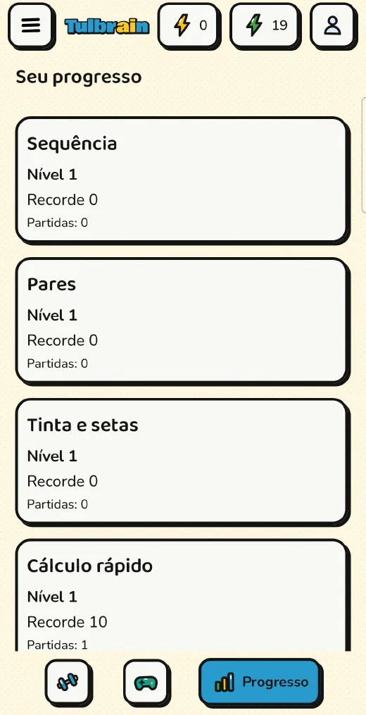 Tulbrain: Seu progresso em Mind Training: nível e recorde de cada exercício