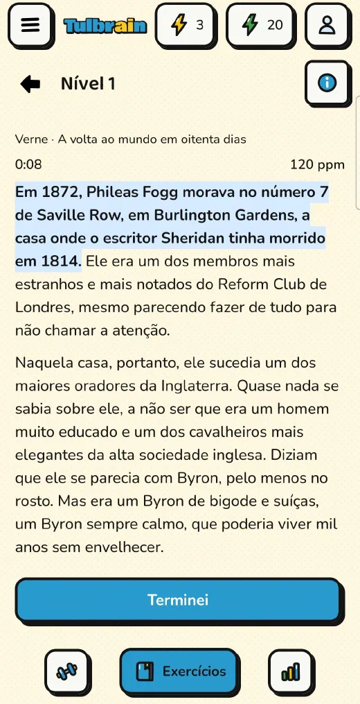Tulbrain: Texto completo, um trecho de A volta ao mundo em oitenta dias com o guia destacando a frase, a 120 ppm