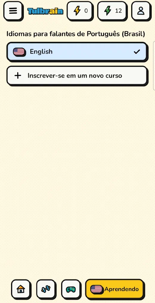 Tulbrain: a lista de cursos, com English e a opção de se inscrever em um novo curso