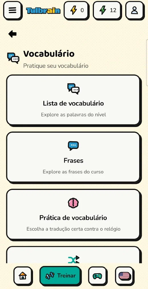 Tulbrain: o menu Vocabulário, com a lista de vocabulário, frases e prática de vocabulário
