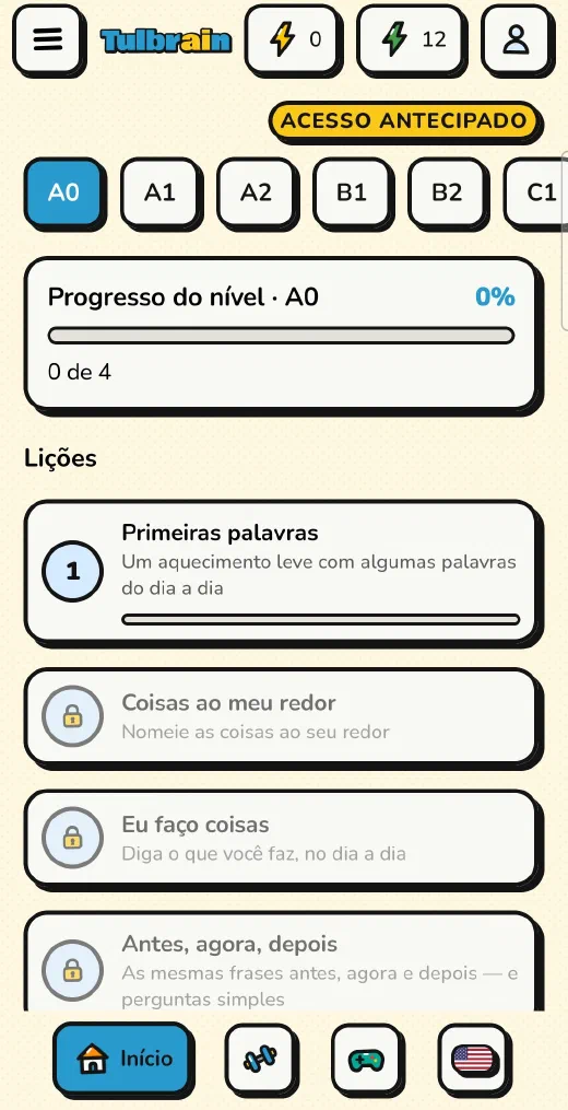Tulbrain: as lições do nível A0, com as abas de A0 a C1 e o progresso do nível