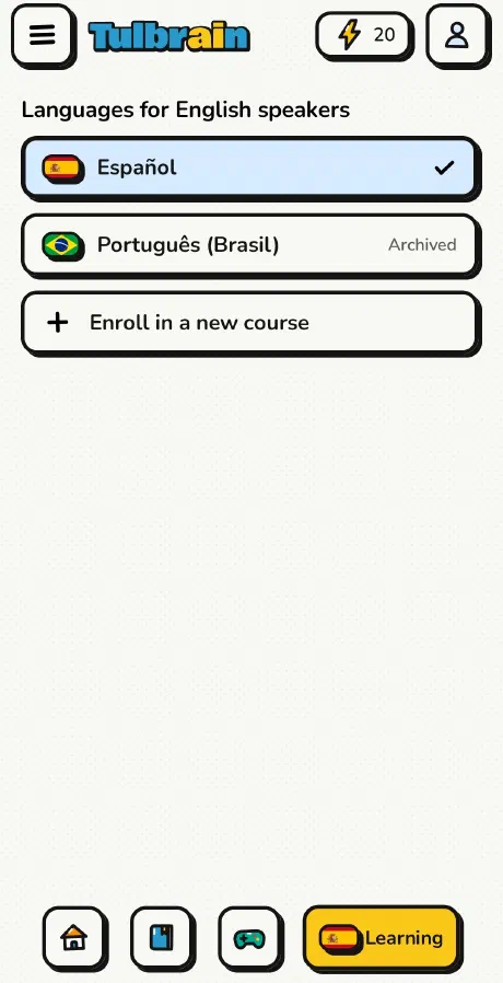 Tulbrain: the enrolment screen, listing the languages you can add.