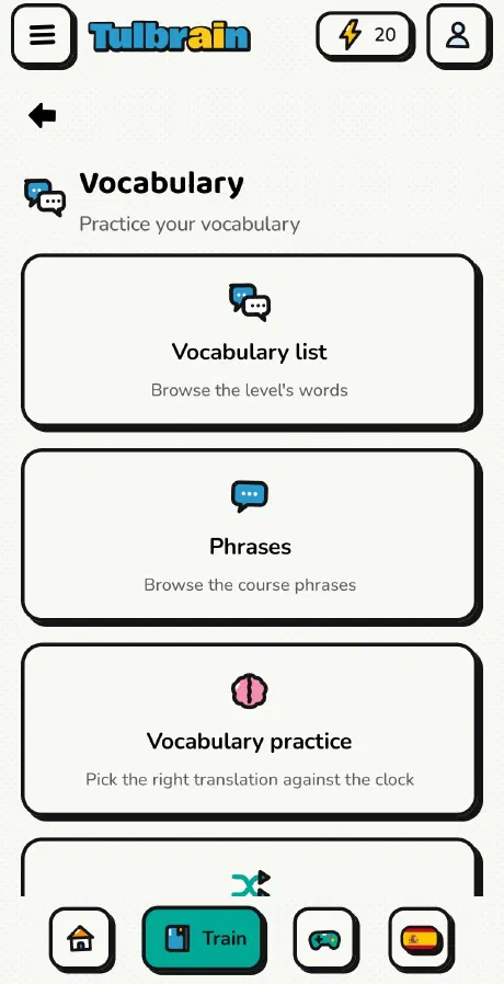 Tulbrain: a list of practice types to choose from.
