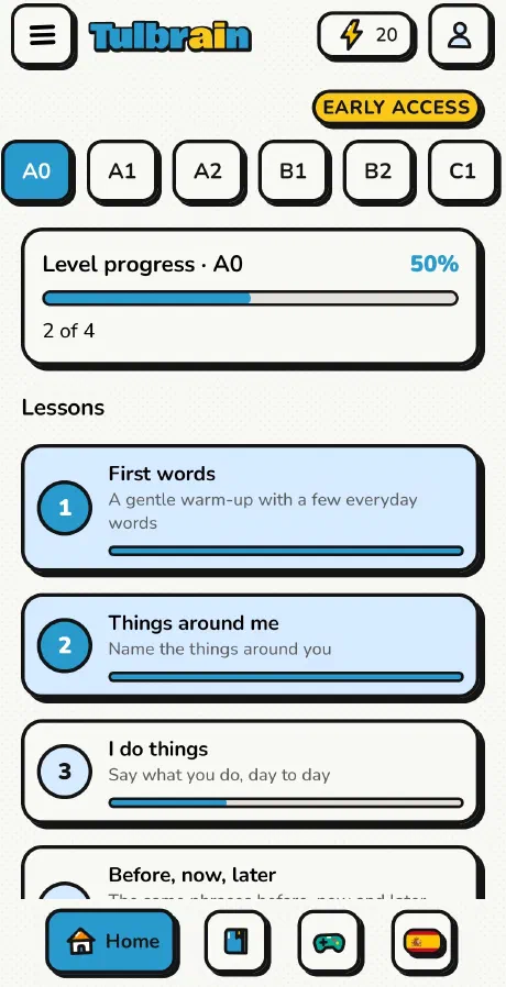 The Tulbrain home screen, showing levels and an Early Access badge.
