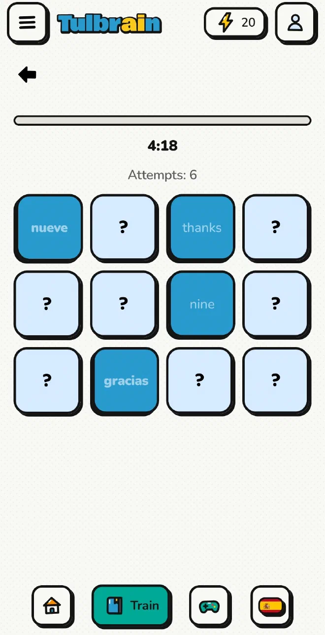 The Tulbrain app on a phone: a word and a set of pictures, to be matched.